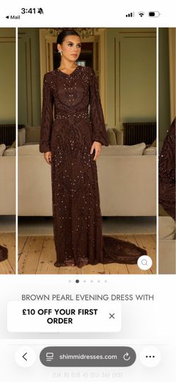 Shimmi Embellished Brown Maxi Evening Dress with Long Sleeves