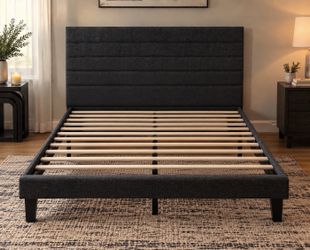 VINGLI Full Bed Frame with Headboard,Upholstered Platform Bed with Adjustable Headboard,Heavy Duty Slats Support,Mid Century Modern, No Box Spring Nee