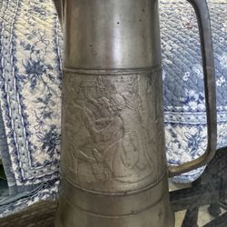Vintage Pewter Tankard w/ Lid Embossed Scene Large Pitcher Stein