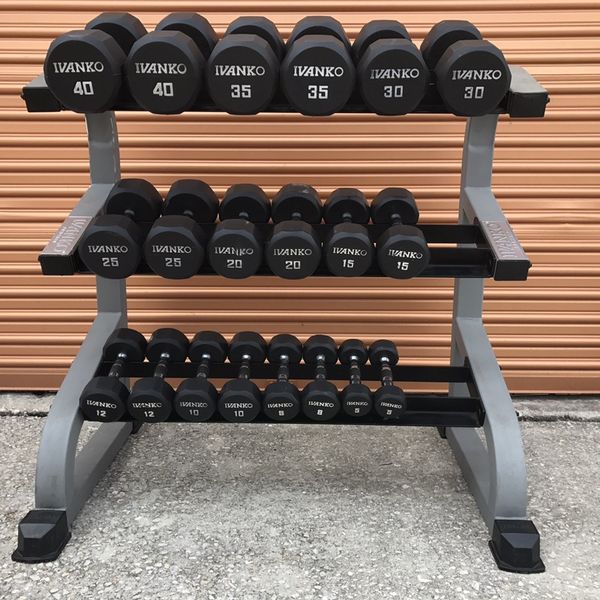 Like New Ivanko Rubber Coated 5 40 Lb Set With 3 Tier Rack for Sale