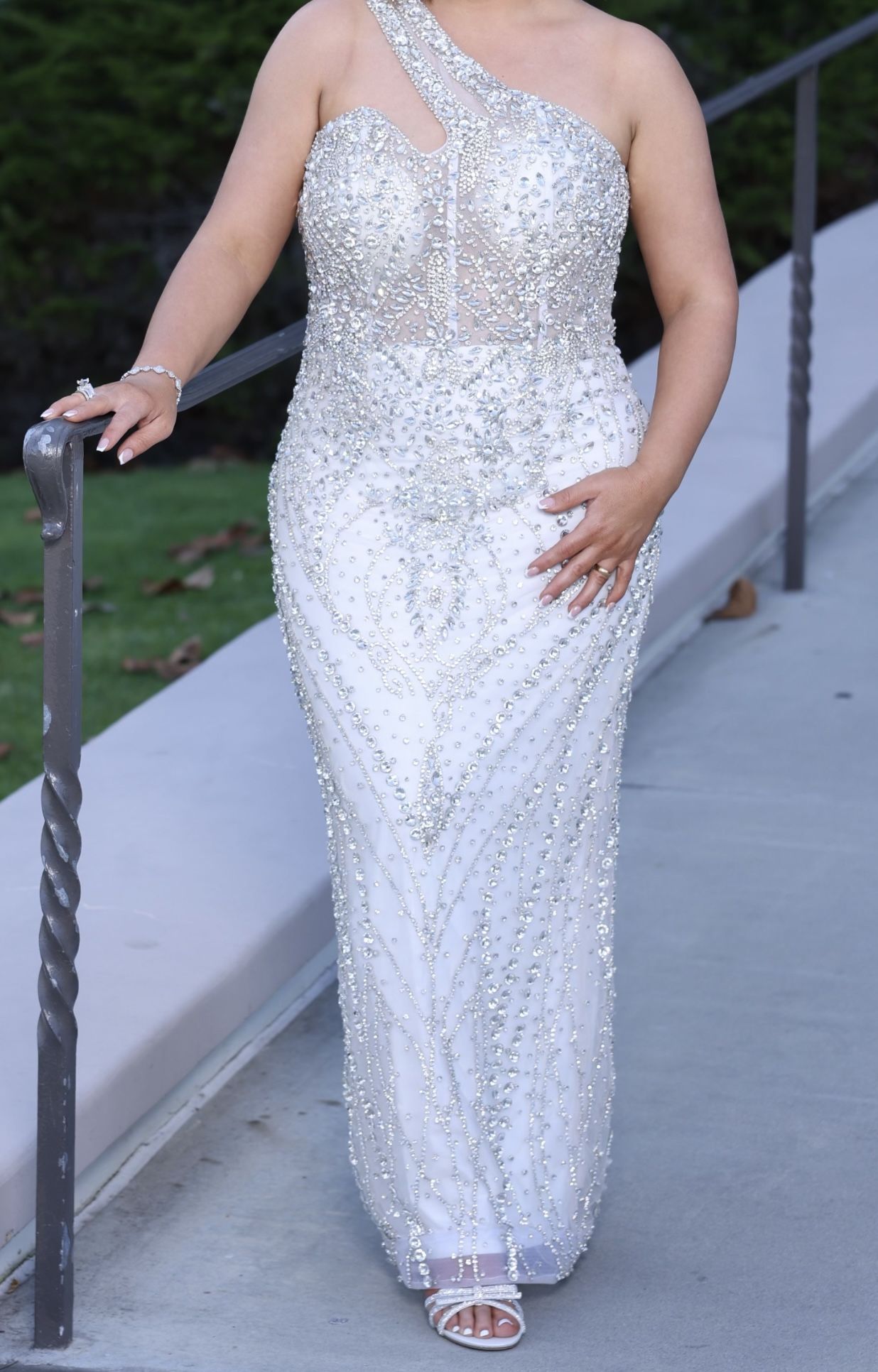 Heavy Beaded Dress Silver And White Evening Gown For Prom
