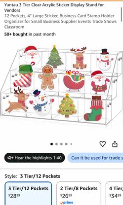3 Tier Clear Acrylic Sticker Display Stand 12 Pockets Stamp Holder Organizer for 4'' Large Stickers Vendors Small Business Supplier Events, Trade Show