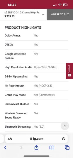 LG SN8YG SoundBar with Wireless Subwoofer Thumbnail