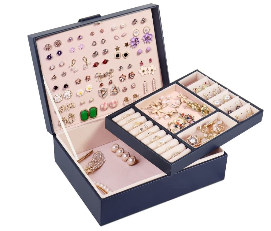 Jewelry Organizer Box, PU Leather Jewelry Boxes Necklaces Rings Earrings Holder Organizer Storage Case Double Layer Display Earrings Organizer Box Ele