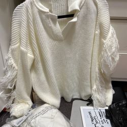 SHEIN Large Cream Fringe Sweater 