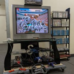 Video Gaming Bundle - 32" Box TV (5 Inputs) With 149 Video Games, PS1, PS2, N64, Retron 2 Consoles, and 8 Controllers.