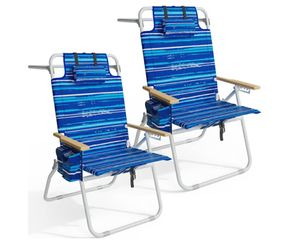 Tall Beach Chairs for Adults, 17" High Backpack Beach Chair with Wooden Armrests, 5 Positions Reclining Heavy Duty Chair with Large Cooler Pouch, Supp