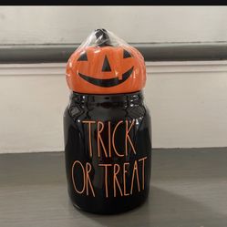Rae Dunn “TRICK OR TREAT” Small Black Canister With Jack O Lantern Topper