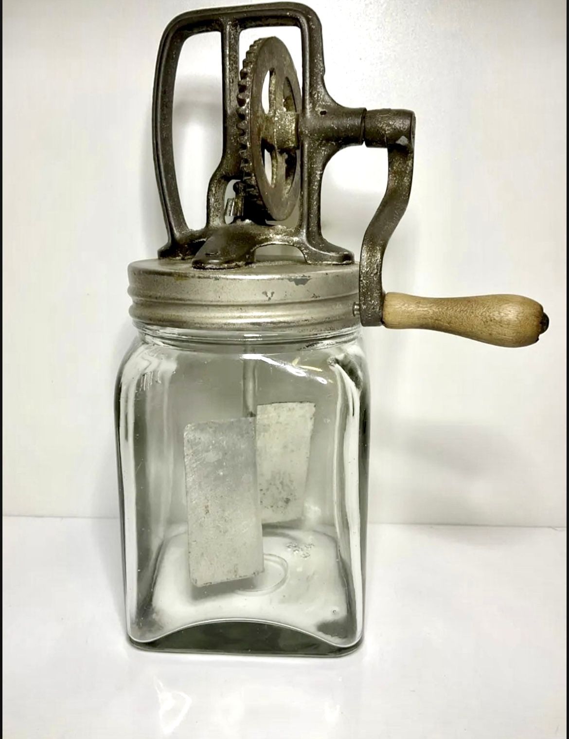 Antique Butter Churn/Mixer Hand Wood Crank 1 Quart Glass Jar, Metal Blades