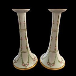 Antique English Minton Porcelain Candlestick Candle Holders w/ Painted Flowers 2