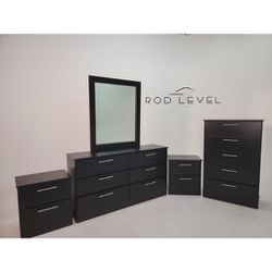 New Black Set Dresser Chest Mirror And Two Nightstands 
