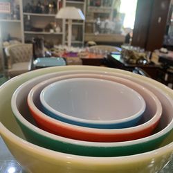 Pyrex primary set. Original authentic. Full set. 125.00.  Johanna at Antiques and More. Located at 316b Main Street Buda. Antiques vintage retro furni