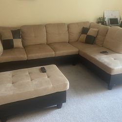 3-Piece L-Shaped Sectional Sofa Couch with Storage Ottoman, Right-Facing Chaise Longue Recliner and 2 Pillows