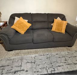 Gray Fabric Sofa with Nailhead Trim