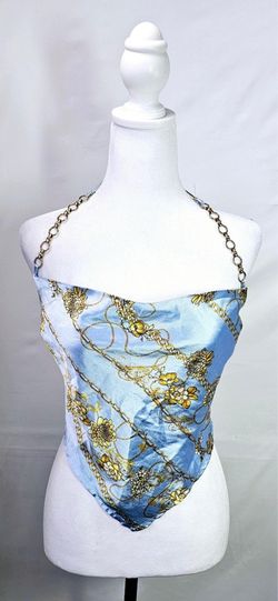 J for Justify Women’s Blue Gold Chain Print Satin Polyester Strapless Tie Top M