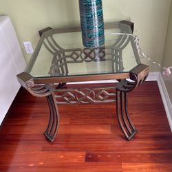 Set Of 3 Glass And Brass Tables.