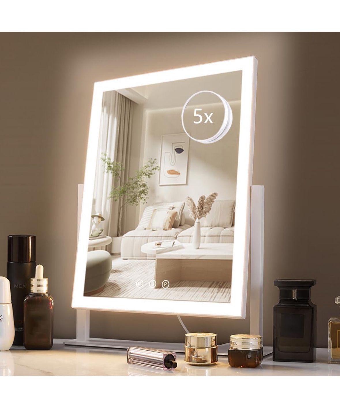 Lighted Makeup Mirror, Hollywood Vanity Mirror with Lights, Three Color Lighting Modes, and 5X Magnification Mirror, Smart Touch Control, 360°Rotation