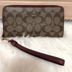 Coach Signature Long Zip Around Wallet In Signature Canvas Cherry like New