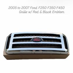 New F250 F350 Chrome Grille with Black and Red Emblem fits 2005 2006 2007