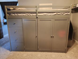 Full Size Wood Loft Bed With Built-in Wardrobes, Cabinets and Drawers,