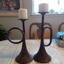 VERY UNIQUE LOOKING CANDLE Holders I Think They Are Copper 12,5 INCHES Tall AND 14INCHES TALL 