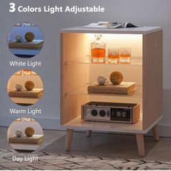   End Table LED Small Side Table with 2 Glass Shelves LED Farmhouse Bedside Table with Storage for Living Room, Bedroom and Home Office,White & Wood