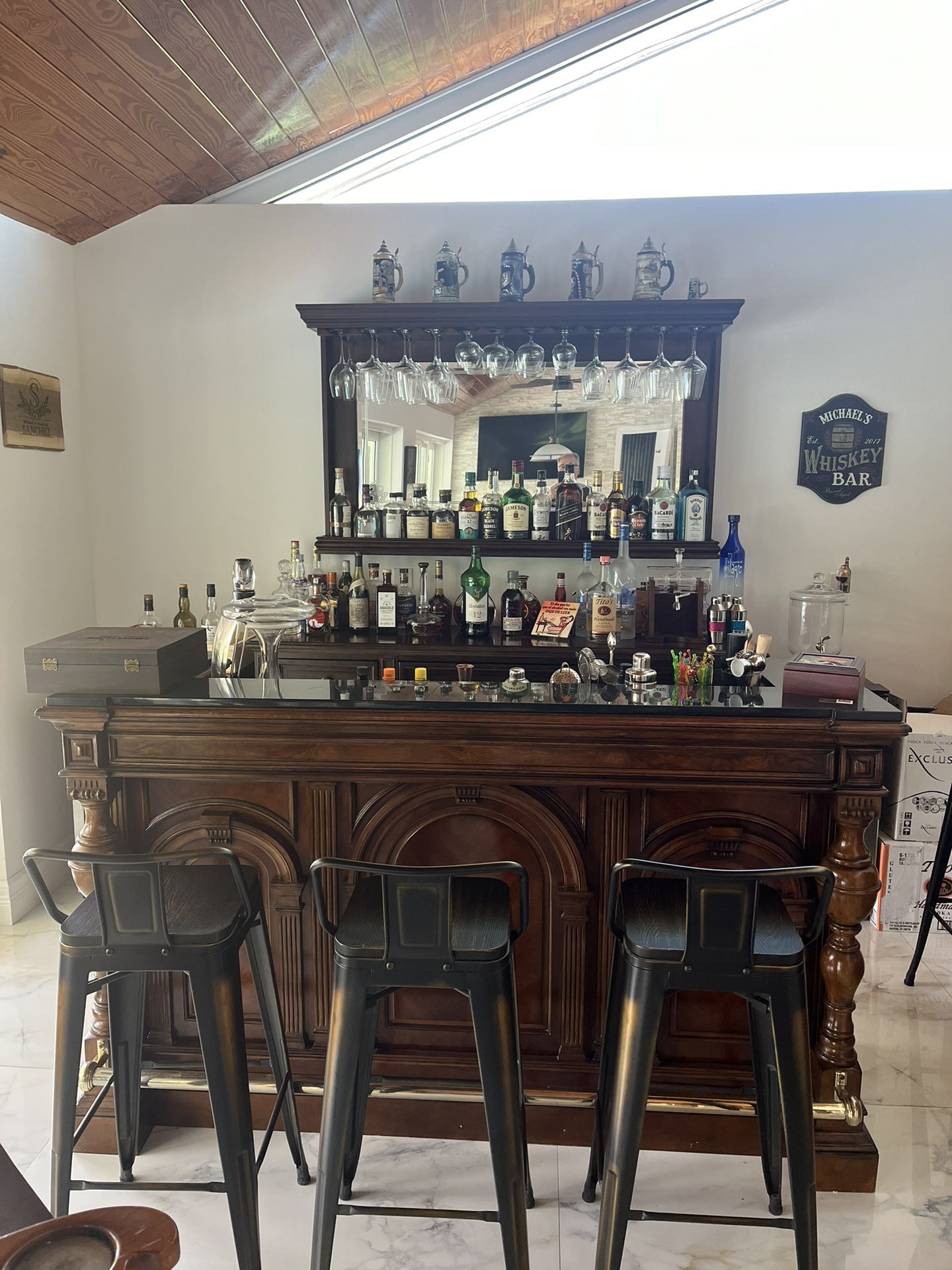 Traditional Home Bar With Mirror And Back Bar Console