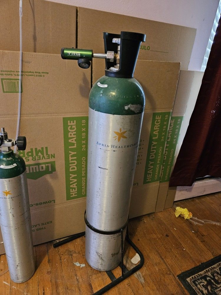 Large Oxygen canister tank bottle container cylinder gas empty  See photos. O2 Measures 41 inches tall. Comes with installed regulator and floor stand