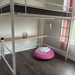 White Loft Bed with Desk + Charging Station