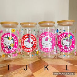 4 pcs Hello kitty Glass Cups 16 oz Iced Coffee, Hello Kitty Tumbler. collector cup Glass with Lid and Straw. Bridesmaid Gift 16oz Glass Cup for Mom, B