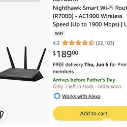 NETGEAR Nighthawk Smart Wi-Fi Router (R7000) - AC1900 Wireless Speed (Up to 1900 Mbps) | Up to 1800 Sq Ft Coverage & 30 Devices | 4 x 1G Ethernet and 