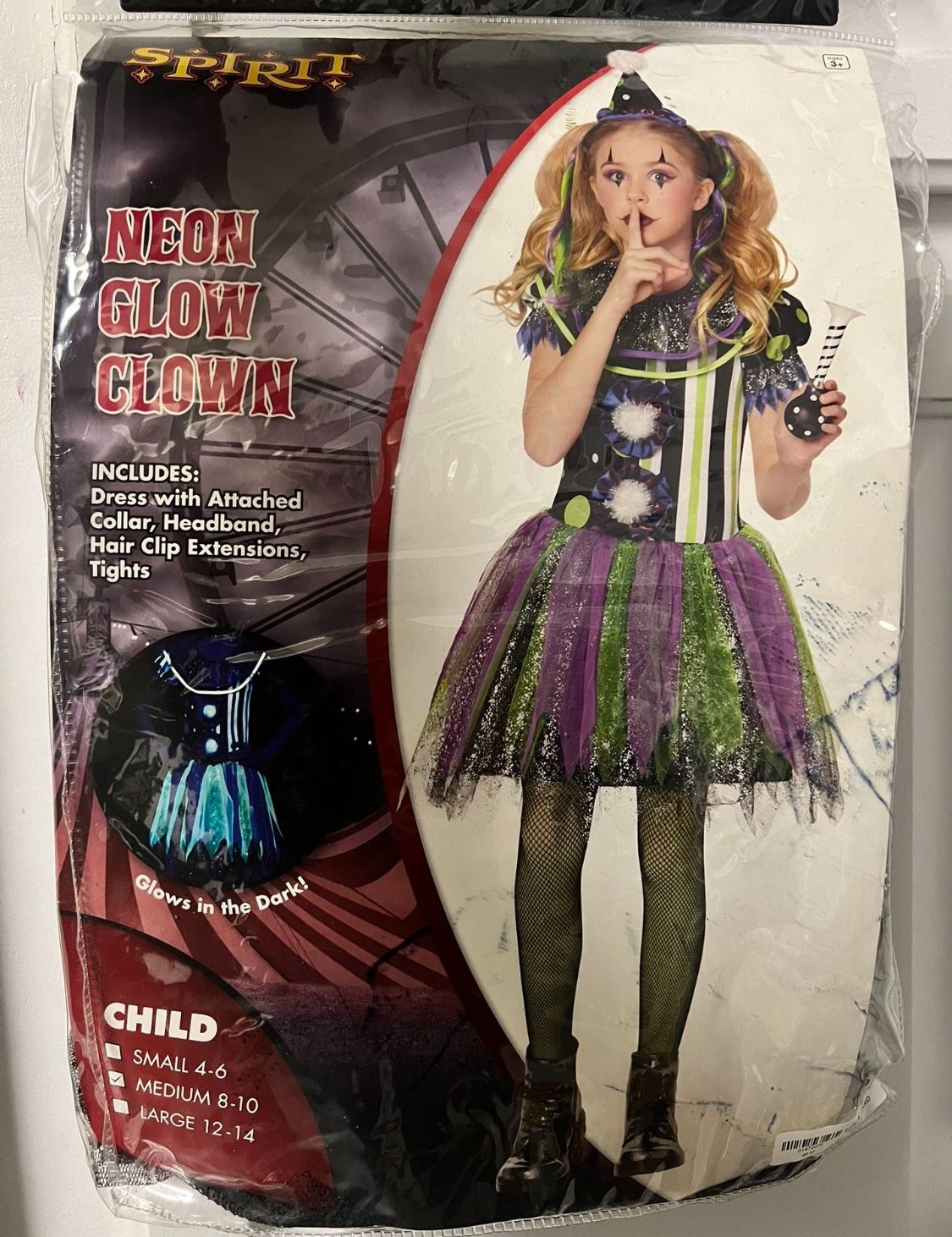 SPIRIT HALLOWEEN NEON GLOW CLOWN GIRLS COSTUME