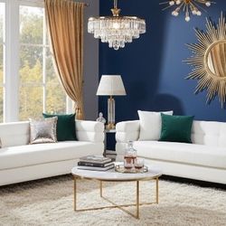 Luxurious 2-pc Sofa Set Loveseat & Sofa White Boucle Fabric gold Plated Steel Legs 