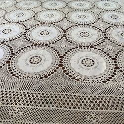 Crochet Patch Work Vintage Hand Made Beige Cotton Lace Table Cloth/King Coverlet.