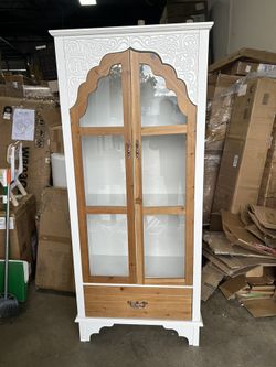 NEW. -White Wooden 3-Shelf Standard Bookcase with Acrylic Door, Drawer, Victorian Style (70.9 in. H x 31.5 in. Wide)