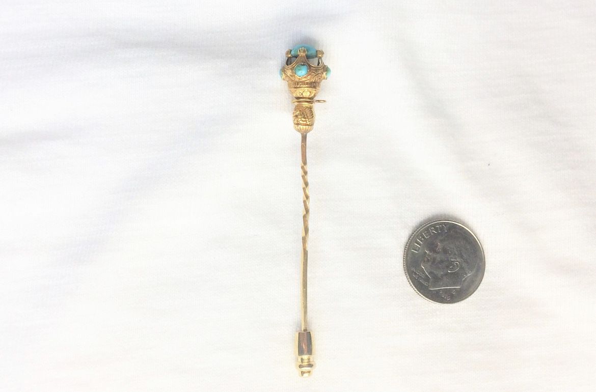 18k Gold Estate Vintage Stick Pin Turquoise Gem Scepter Brooch