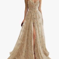 Sparkle Starry Tulle Prom Dresses Strapless Slit Formal Evening Party Gown