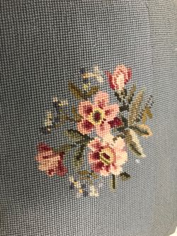 Needlepoint antique accent pillow feather with green silk damask back