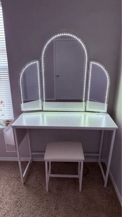 Impressions Vanity Arched Tri-Fold Lighted Mirror + Desk & Stool Set