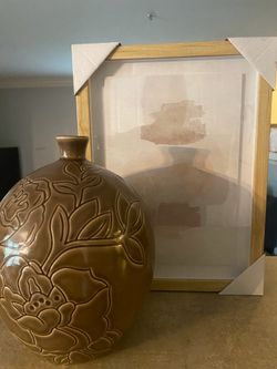 Brown Floral Ceramic Vase & New Wood Frame Abstract Art