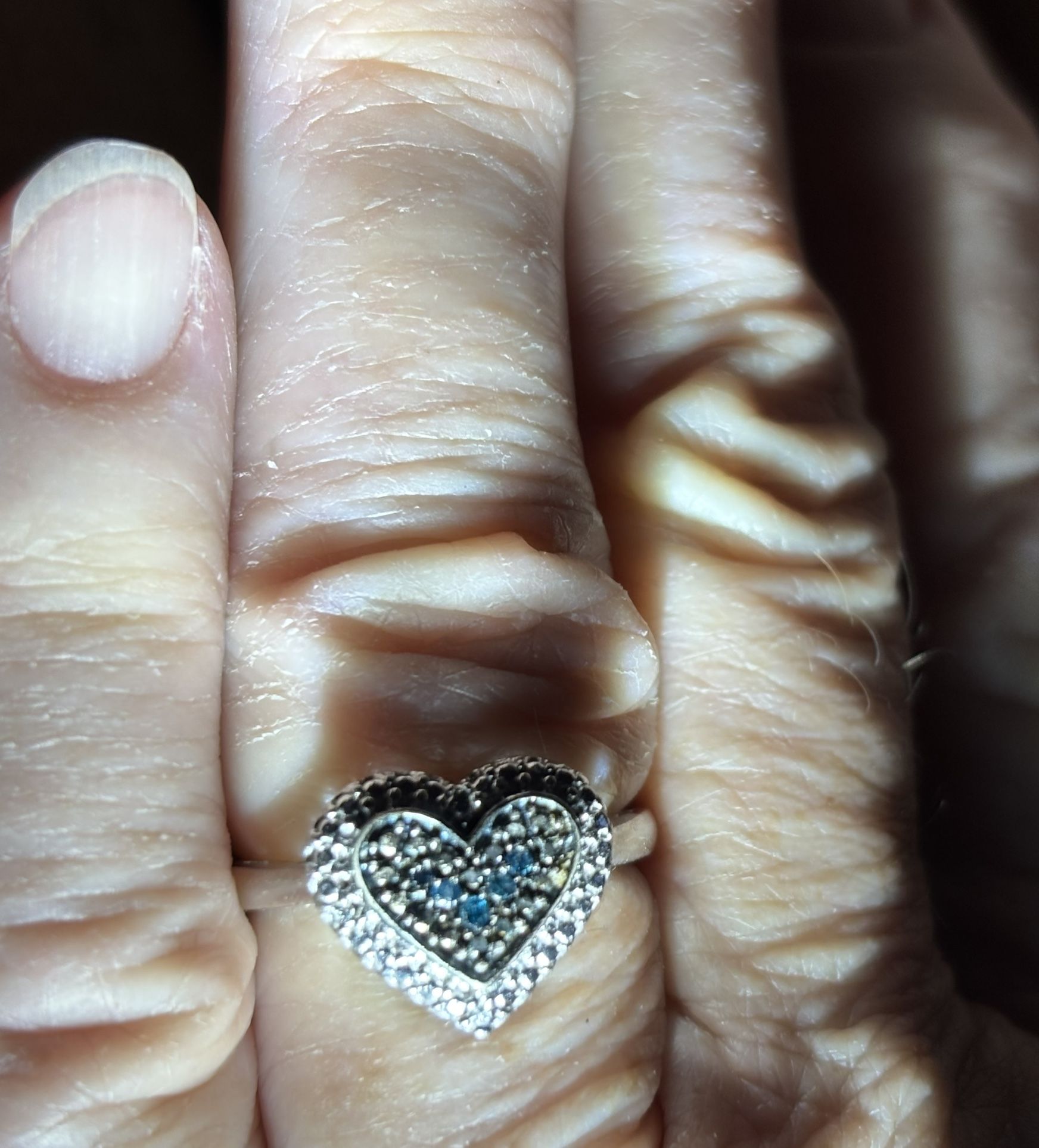 Blue Diamond heart shaped filigree ring silver size 7