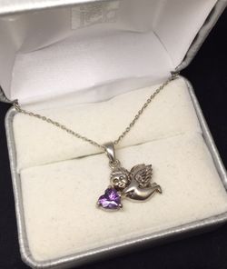 Sterling silver unique angel & Amethyst Pendant With Necklace