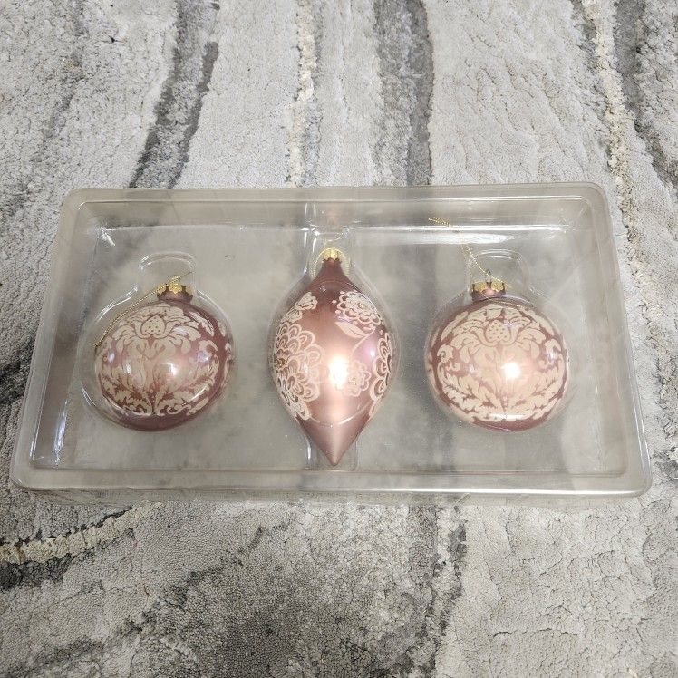 VTG 5 Pc Pink White FLOCKED GLASS Christmas Ornament BALLS Rhinestones butterfly
