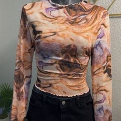 Marble Print Sheer Lettuce-edge Top 