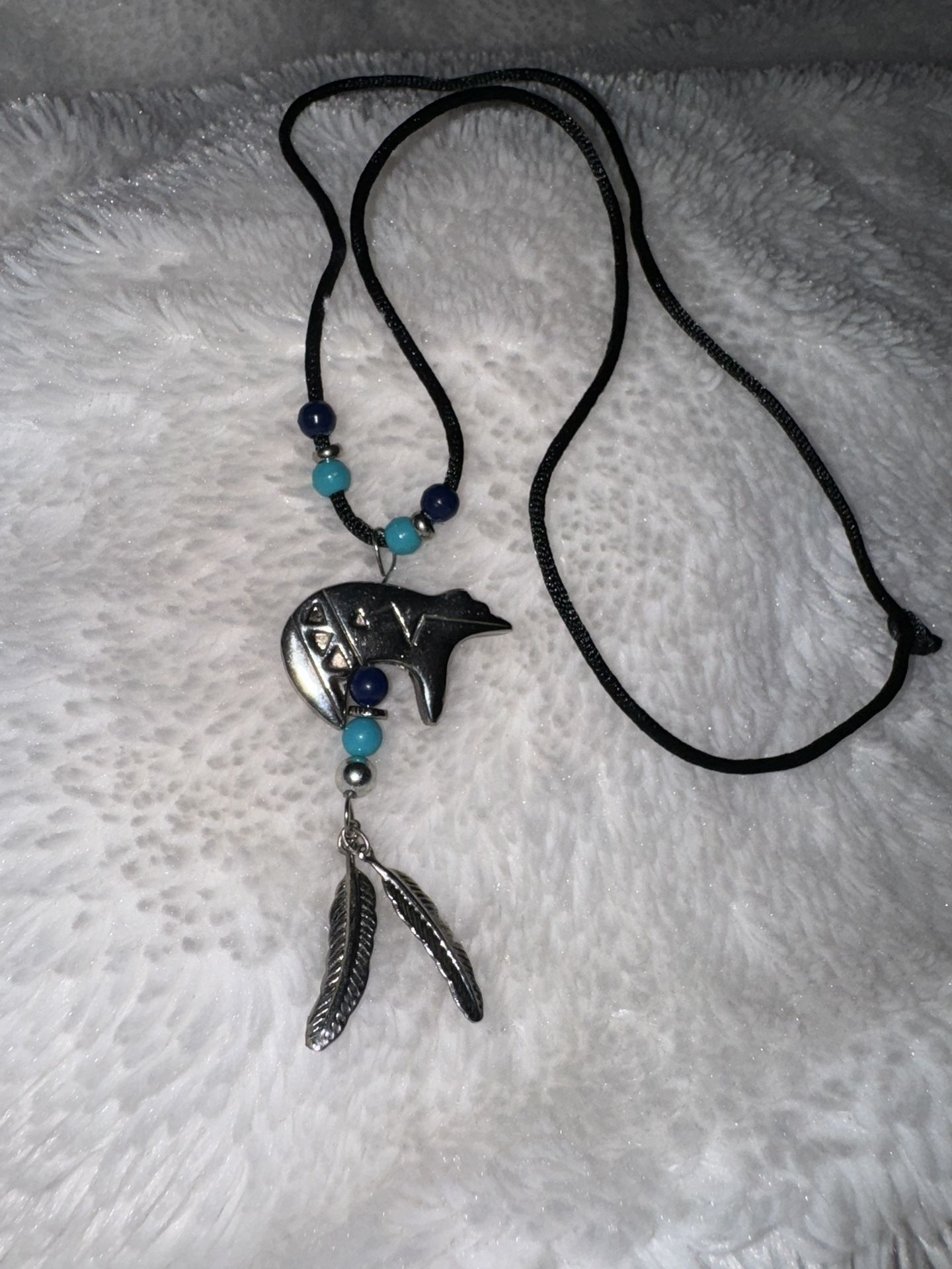 Vintage Silver Navajo Spirit Bear pendant on rope necklace