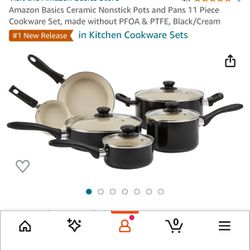 Amazon Basics Ceramic Nonstick Pots and Pans 11 Piece Cookware Set, made without PFOA & PTFE, Black/