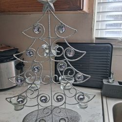 Metal Silver Christmas Tree Free Standing With 5 Tea Light Candle Holders 