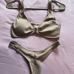 Women’ 2 Piece Ribbed Bikini Wide Straps High Cut Bathing Suit Light Khaki New