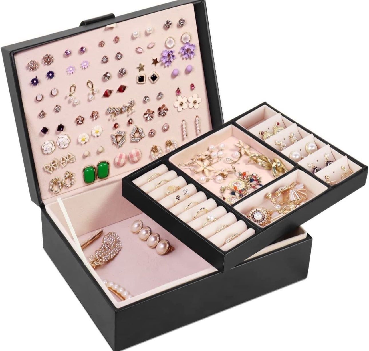 Jewelry Organizer Box, PU Leather Jewelry Boxes Necklaces Rings Earrings Holder Organizer Storage Case Double Layer Display Earrings Organizer Box Ele