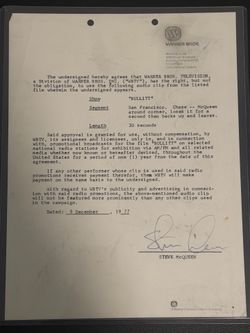 Steve McQueen Signed Original Document Bullitt!